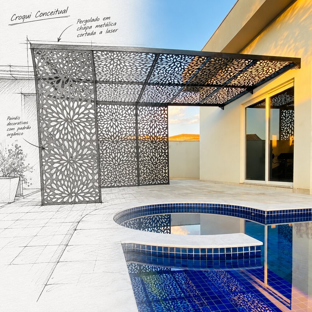 Croqui conceitual de pergolado em chapa metálica cortada a laser transformado em obra executada sobre a piscina