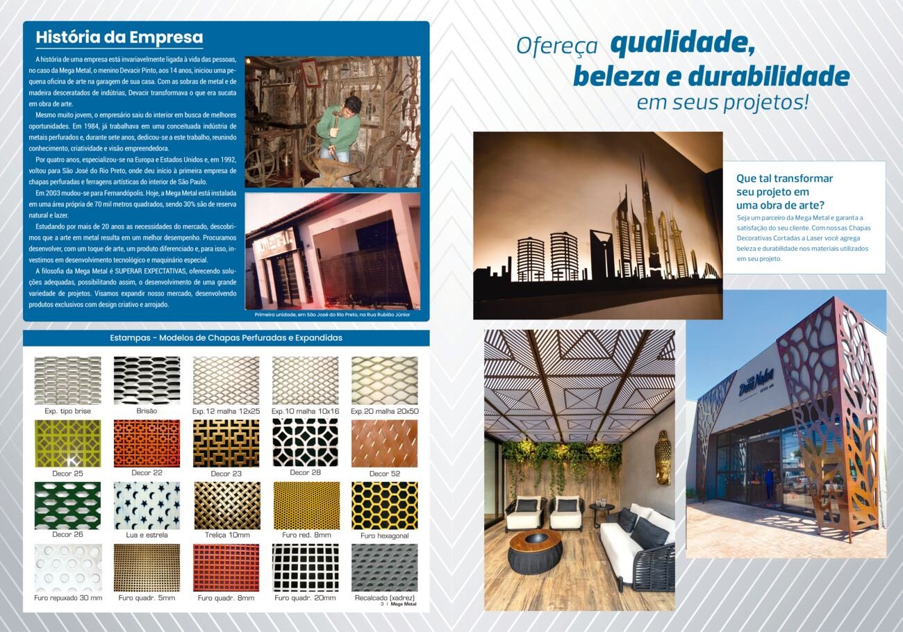 Catálogo impresso em chapa metálica cortada a laser pela Mega Metal
